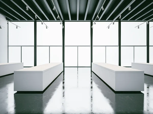 Empty white gallery interior with black ceiling. 3d render — Stock Photo, Image