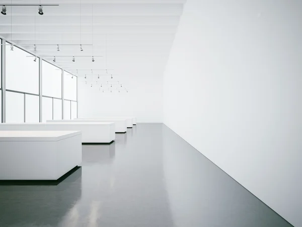 Modern white gallery interior with walls and windows. 3d render — Stock Photo, Image