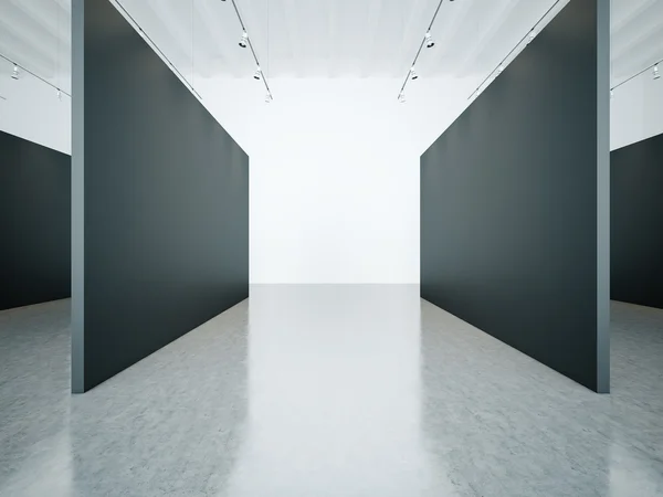 Empty gallery interior with black canvas. 3d render — Stock Photo, Image