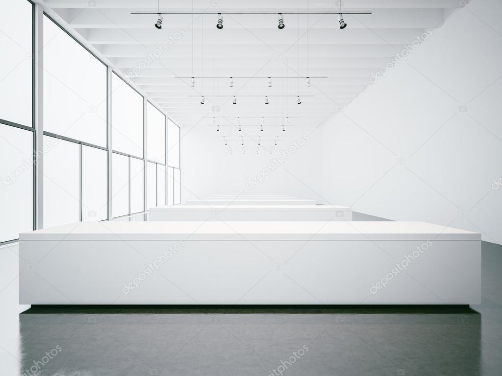 Open space white gallery interior. 3d render