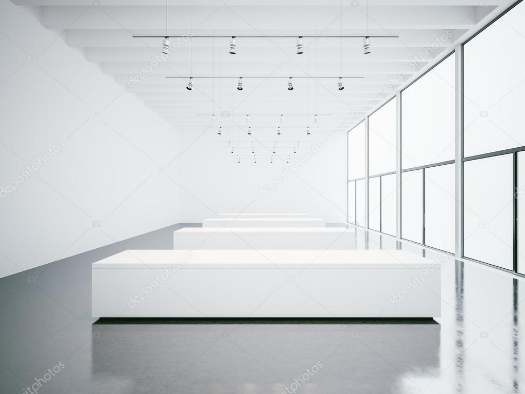 White interior with empty walls and panoramic windows. 3d render