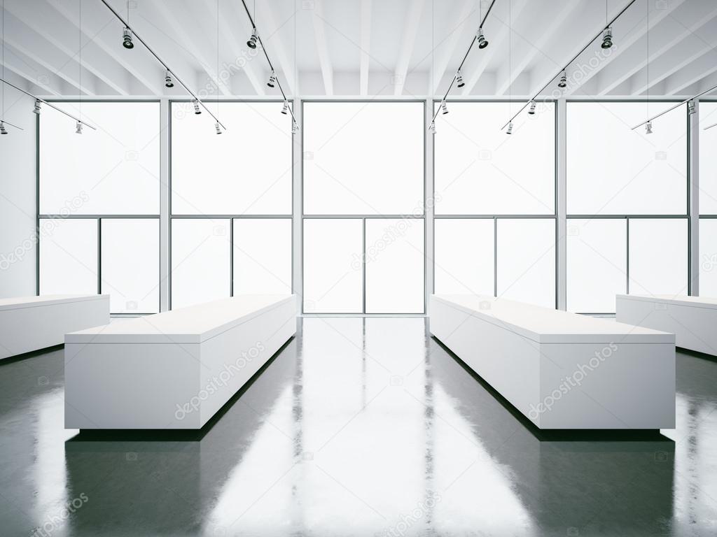 Empty and light white gallery interior. 3d render