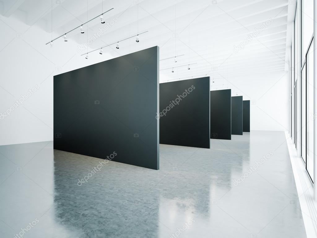 Many black canvas in empty gallery interior. 3d render