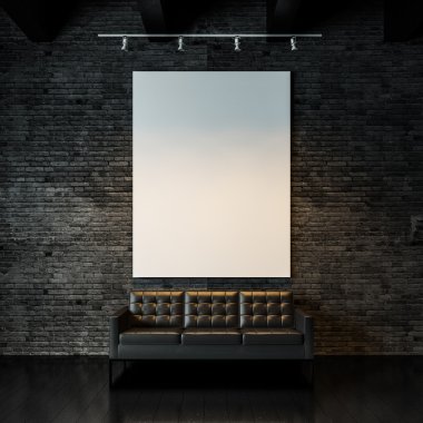 Photo of empty  canvas on the black bricks wall background. 3d render