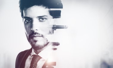 Bw portrait of young businessman and contemporary city on the background. Double exposure. Visual effects