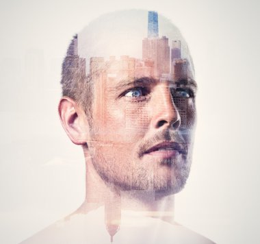 Double exposure concept with handsome man. Isolated. Vertical clipart