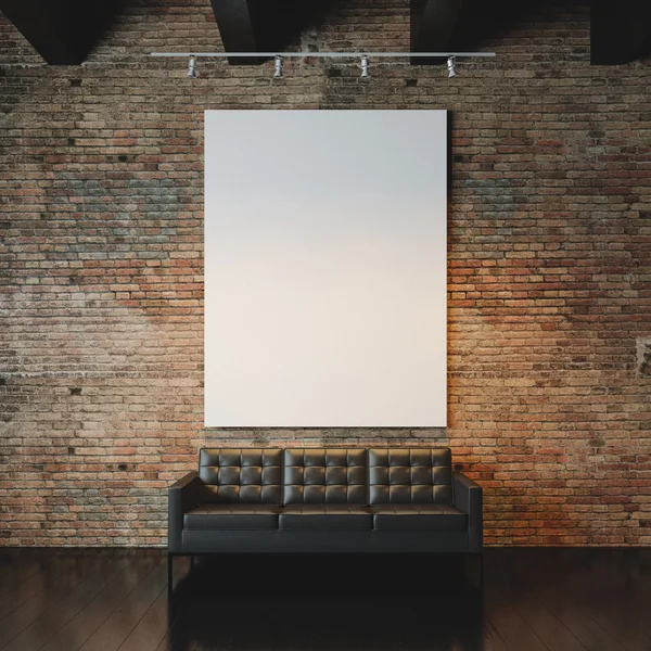 Photo of empty  canvas on the bricks wall background. 3d render — Stok fotoğraf