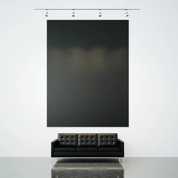 Photo of blank black canvas on the white wall background. 3d render — Stok fotoğraf