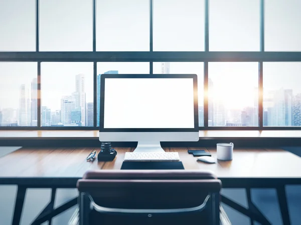 Photo of modern workspace with panoramic windows.  City at sunrise in the background. 3D rendering — Stockfoto