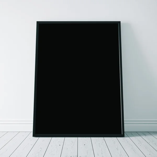 Close-up of black poster on the white floor. 3d rendering — Stock Photo, Image