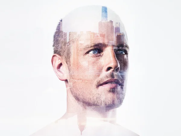 Double exposure concept with handsome man. Isolated. Horizontal — Stock Photo, Image