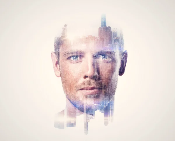 Multi exposure concept with handsome man. Isolated. Horizontal — Stock Photo, Image