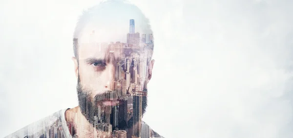 Double exposure concept with bearded man. Wide — Stock Photo, Image