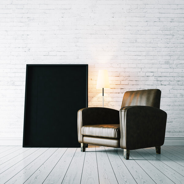 Photo of black frame and vintage armchair on the white floor . 3d rendering