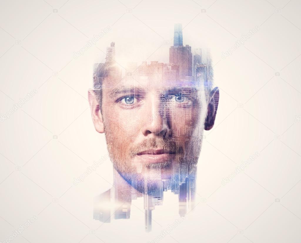 Multi exposure concept with handsome man. Isolated. Horizontal