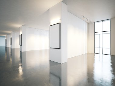 Blank open space gallery interior with canvas . 3d render