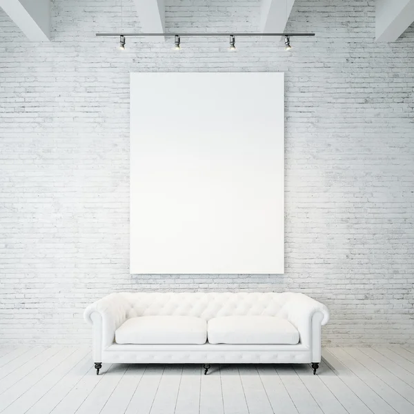 Photo of empty canvas on the brick wall background and vintage classic sofa. 3d render — Stock Fotó