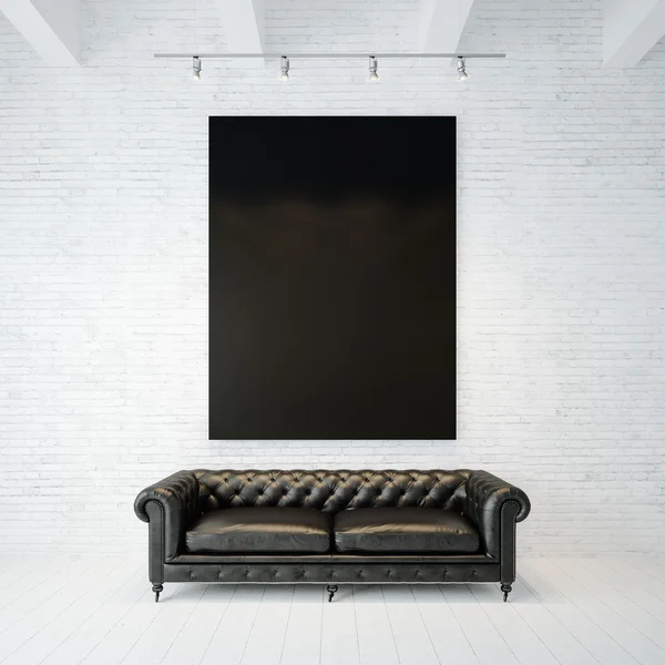 Foto von schwarzer, leerer Leinwand auf dem Backsteinwandhintergrund und klassischem Vintage-Sofa. Vertikal. 3D-Darstellung — Stockfoto