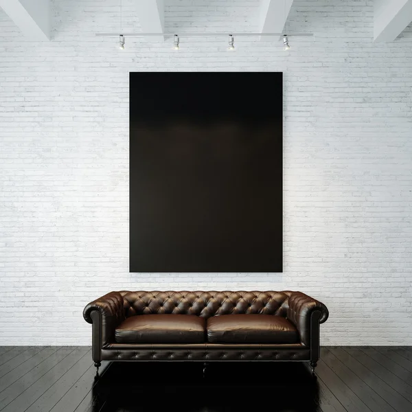 Photo of black empty canvas on the painted brick wall background and vintage classic sofa. 3d render — Stock Photo, Image