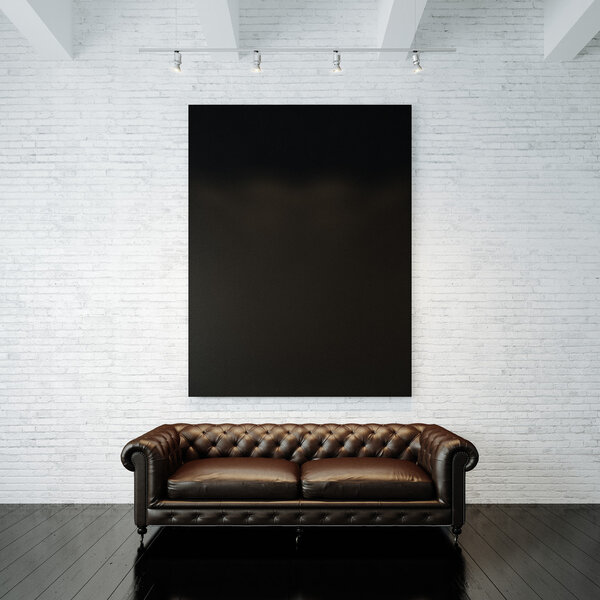 Photo of black empty canvas on the painted brick wall background and vintage classic sofa. 3d render
