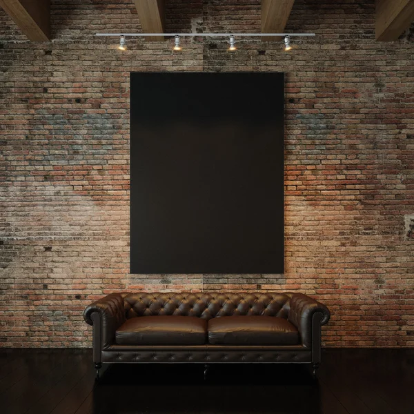 Photo of black empty canvas on the natural brick wall background and vintage classic sofa. 3d render — Stock Fotó