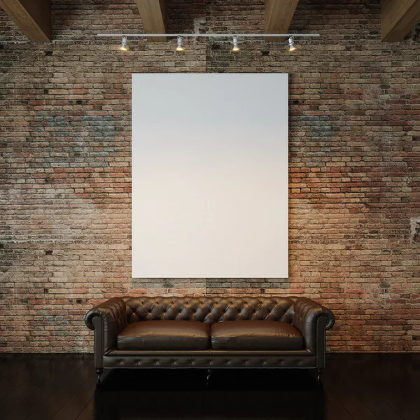 Foto di tela bianca vuota sullo sfondo della parete in mattoni naturali e divano classico vintage. rendering 3d — Foto Stock
