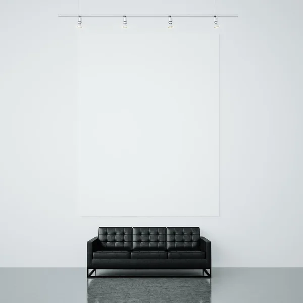 Photo of white empty canvas on the blank wall background and generic design sofa. 3d render — ストック写真