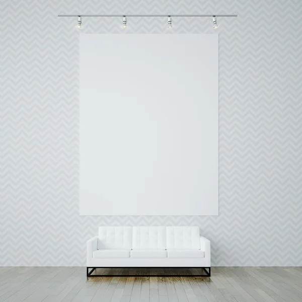 Foto de lienzo blanco en blanco en el fondo de la pared y sofá de diseño genérico. 3d renderizar —  Fotos de Stock