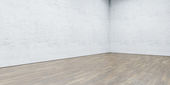 Otevřený prostor galerie v moderní podkroví. Cihlová zeď s dřevěnou podlahou. 3D vykreslování