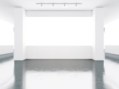 Empty museum gallery interior with concrete floor. 3d render