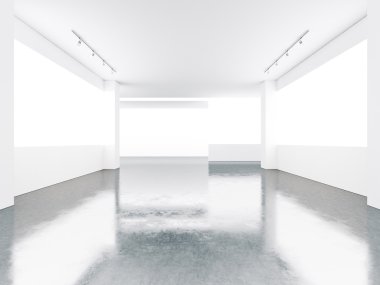 White museum interior with concrete floor and screens. 3d render