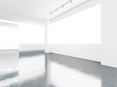 Empty screens in museum interior with concrete floor. 3d render