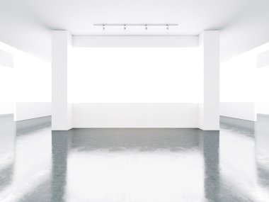 White screens in museum interior with concrete floor. 3d render