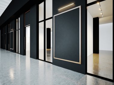 Boş kareleri ile çağdaş Galeri siyah boş oda. 3D render