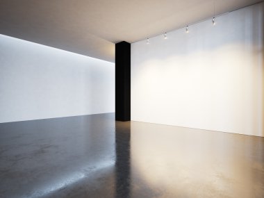 Beyaz Tuval Galeri ile beton zemin. 3D render