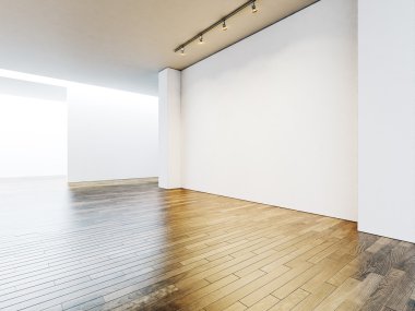 Beyaz Galerisi iç boş duvarlar ve ahşap zemin ile. 3D render