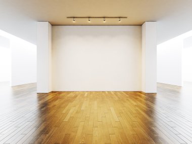 View on the blank wall in gallery with wooden floor. 3d render clipart
