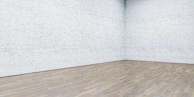 Open space gallery in modern loft. Brick wall with wooden floor. 3d render clipart