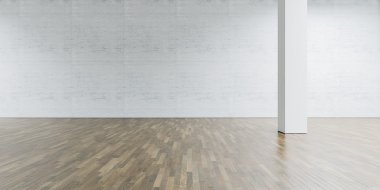 Açık alan Galeri ve sütun Merkezi. Tuğla duvar ahşap zemin ile. 3D render