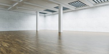 Boş expo Galeri ve sütunları Merkezi. Tuğla duvar ahşap zemin ile. 3D render