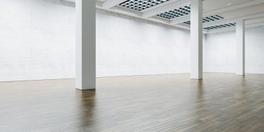 Çağdaş çatı katı. Ahşap zemin ile geniş tuğla duvar. 3D render