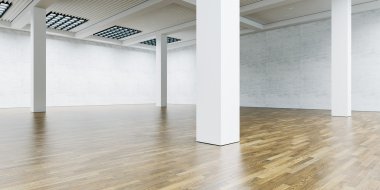 Müze iç ahşap zemin ile beyaz sütun. 3D render