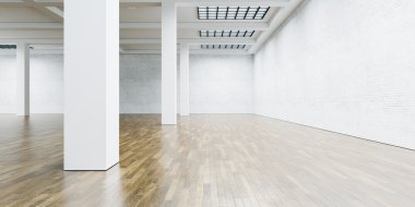Boş duvar ve ahşap zemin ile Galeri sütunda görüntüleyin. 3D render