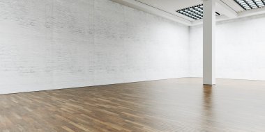 Açık alan Galeri ve sütun Merkezi. Tuğla duvar ahşap zemin ile. Geniş. 3D render