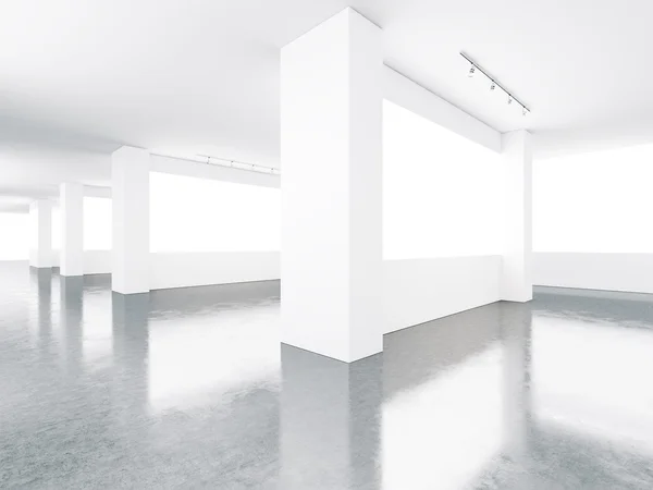 Blank screens in museum interior. 3d render — Stok fotoğraf