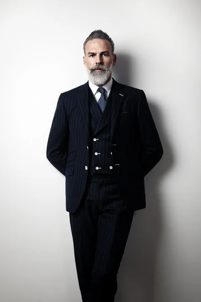 Portrait of bearded middle aged man wearing trendy suit. Vertical — Stock Photo, Image