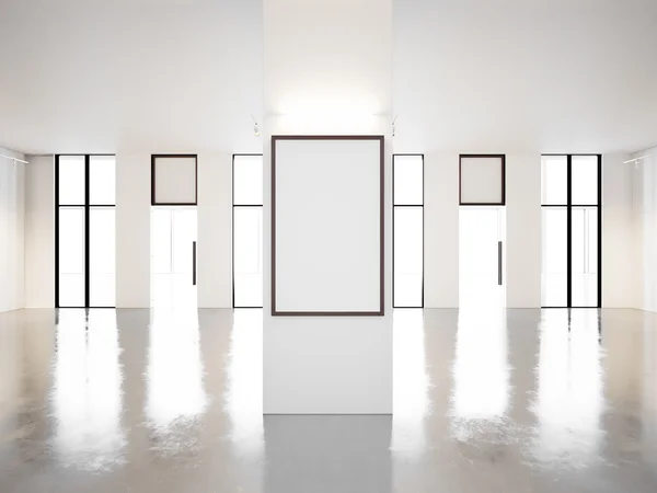 Salão em branco da galeria contemporânea com molduras vazias. Renderização 3d — Fotografia de Stock