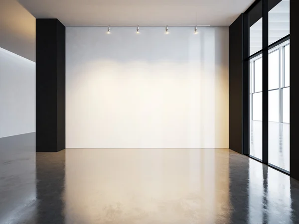 コンクリートの床が付いているギャラリーで真っ白なキャンバス。3 d のレンダリング — ストック写真