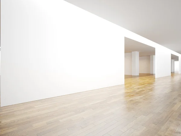 木製の床と博物館内部の白いパノラマ壁。3 d のレンダリング — ストック写真