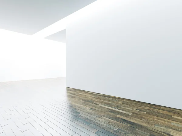 Parede panorâmica em branco no interior do museu com piso de madeira. Renderização 3d — Fotografia de Stock